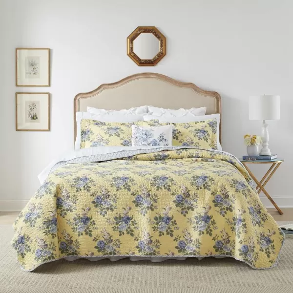 Laura Ashley Linley Collection Quilt Set-100% Cotton, Reversible, Lightweight &amp; Breathable Bedding, Pre-Washed for Added Softness, Queen, Pale Yellow