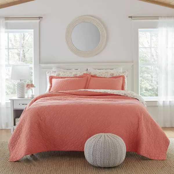 Laura Ashley Solid Collection Quilt Set-100% Cotton, Breathable, All Season Bedding with Matching Sham, Pre-Washed for Added Softness, Twin, Coral