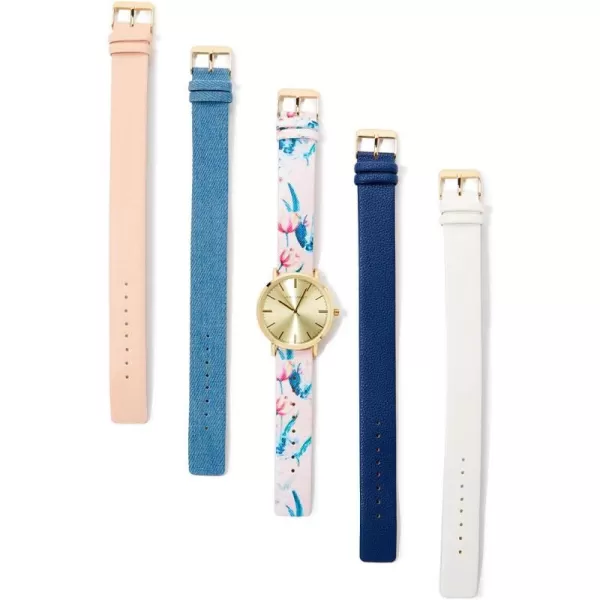 Laura Ashley Women's Mirror Dial Case Floral Strap Watch Set Interchangeable Straps 