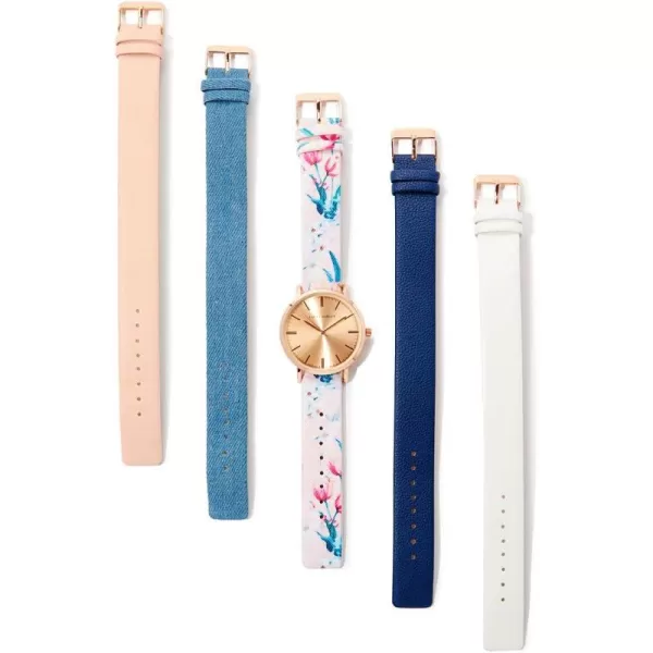 Laura Ashley Women's Mirror Dial Case Floral Strap Watch Set Interchangeable Straps 