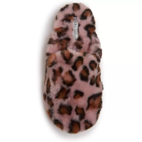 Laura Ashley Womens Plush Faux Rabbit Fur One Band Memory Foam Slide Slippers, Warm Fuzzy Fluffy Open Toe Slides