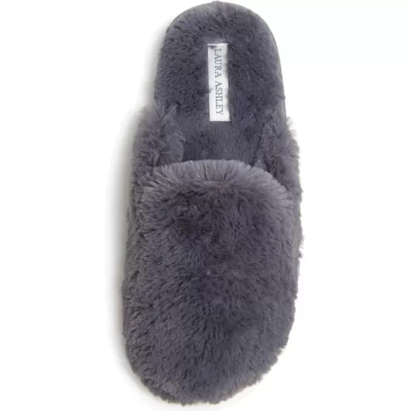 Laura Ashley Womens Plush Faux Rabbit Fur One Band Memory Foam Slide Slippers, Warm Fuzzy Fluffy Open Toe Slides
