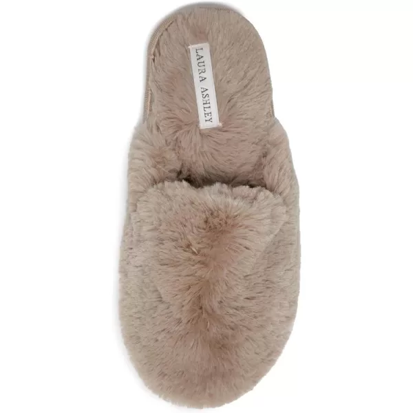 Laura Ashley Womens Plush Faux Rabbit Fur One Band Memory Foam Slide Slippers, Warm Fuzzy Fluffy Open Toe Slides
