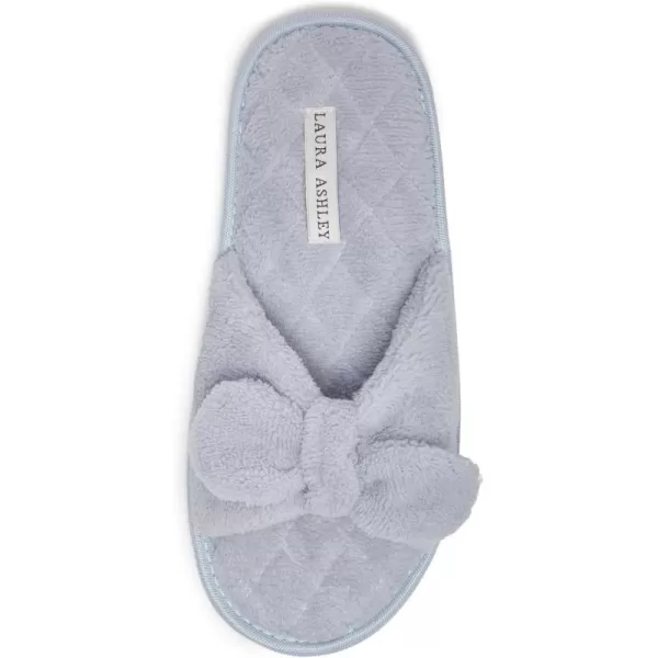 Laura Ashley Womens Plush Terry Open Toe Memory Foam Spa Slippers, Rubber Sole Bow Band Home Slides Slipper for Ladies