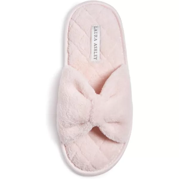 Laura Ashley Womens Plush Terry Open Toe Memory Foam Spa Slippers, Rubber Sole Bow Band Home Slides Slipper for Ladies