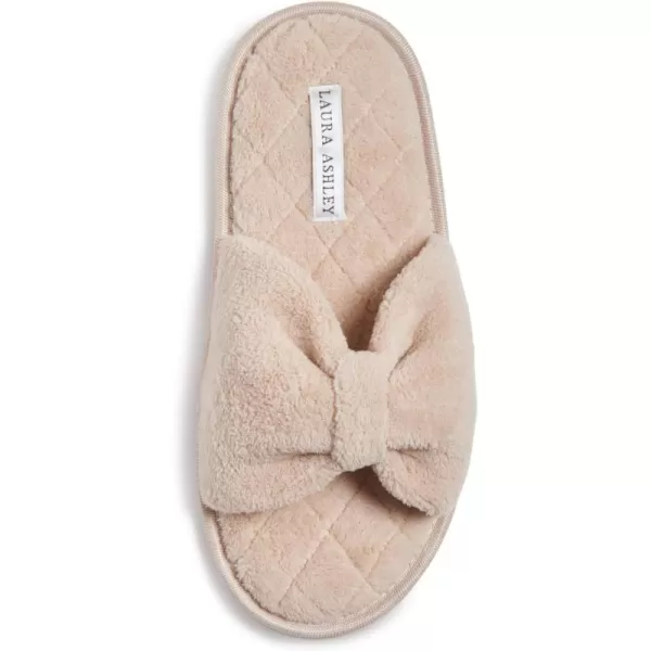 Laura Ashley Womens Plush Terry Open Toe Memory Foam Spa Slippers, Rubber Sole Bow Band Home Slides Slipper for Ladies
