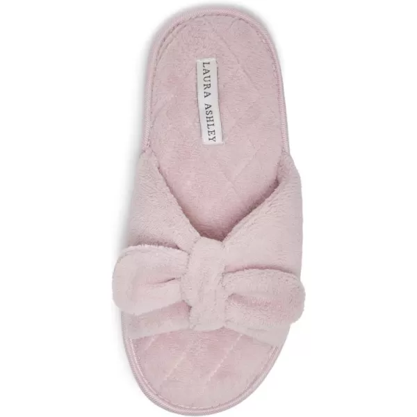 Laura Ashley Womens Plush Terry Open Toe Memory Foam Spa Slippers, Rubber Sole Bow Band Home Slides Slipper for Ladies