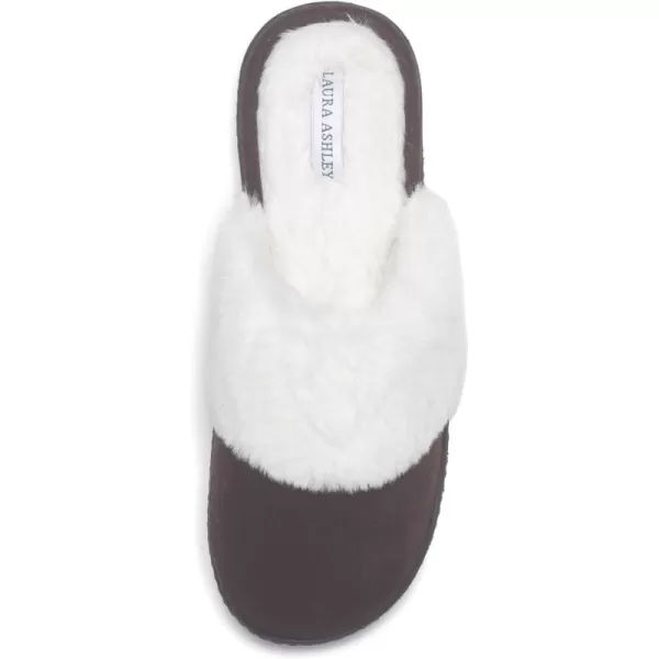 Laura Ashley Womens Rugged Micro Suede Memory Foam Fluffy Slippers with Wide Faux Fur Collar, Slide On Indoor Outdoor House Shoes