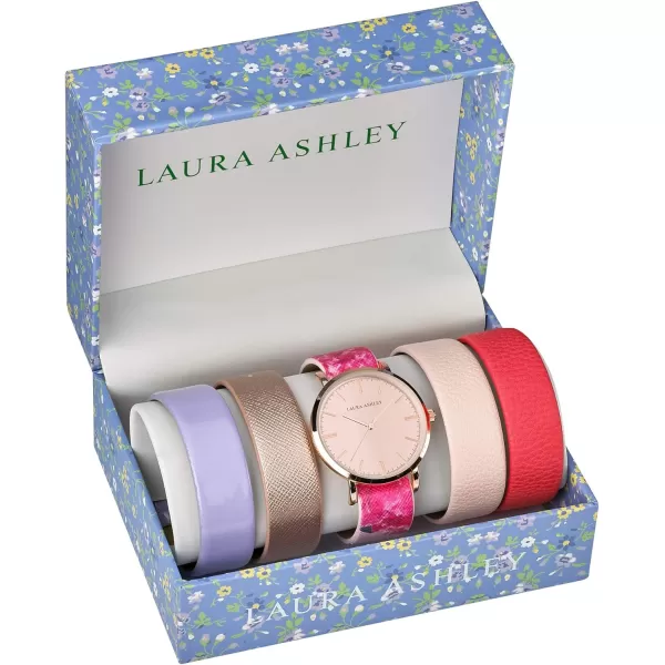Laura Ashley Women's Case Floral Strap Heirloom Watch Set Interchangeable Straps 