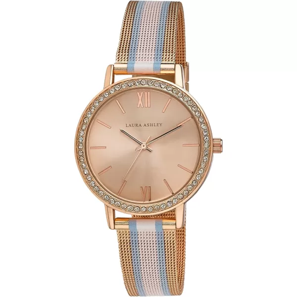 Laura Ashley Women's 36mm Crystal Bezel Striped Rugby Mesh Strap Watch 