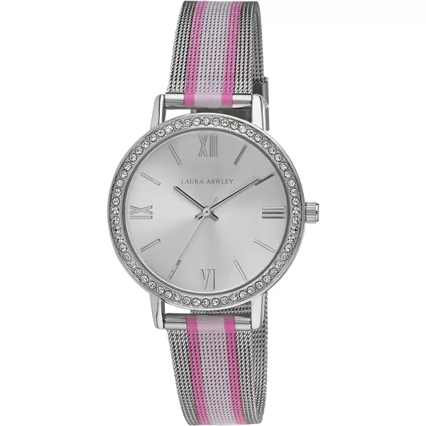 Laura Ashley Women's 36mm Crystal Bezel Striped Rugby Mesh Strap Watch 