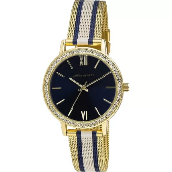 Laura Ashley Women's 36mm Crystal Bezel Striped Rugby Mesh Strap Watch 