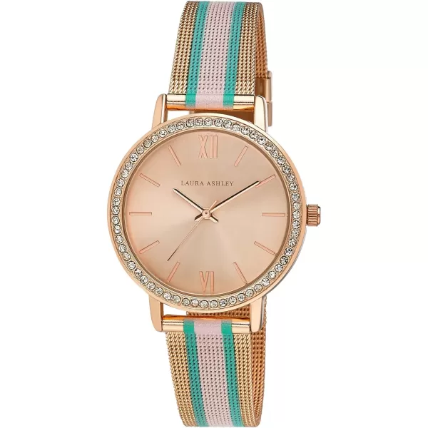 Laura Ashley Women's 36mm Crystal Bezel Striped Rugby Mesh Strap Watch 