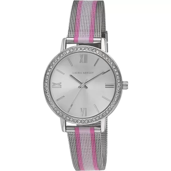 Laura Ashley Women's 36mm Crystal Bezel Striped Rugby Mesh Strap Watch 