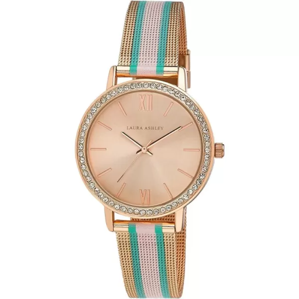 Laura Ashley Women's 36mm Crystal Bezel Striped Rugby Mesh Strap Watch 