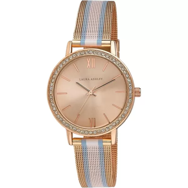 Laura Ashley Women's 36mm Crystal Bezel Striped Rugby Mesh Strap Watch 