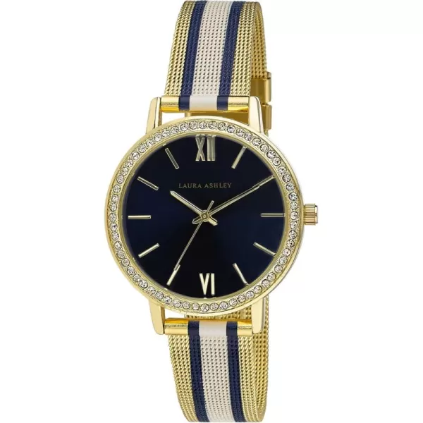 Laura Ashley Women's 36mm Crystal Bezel Striped Rugby Mesh Strap Watch 