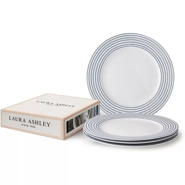 Laura Ashley 10" Candy Stripe Dinner Plate Set in Giftbox - 4 Porcelain Ceramic Plates - Microwave Safe Dishes - Blueprint Collectables, Blue/White