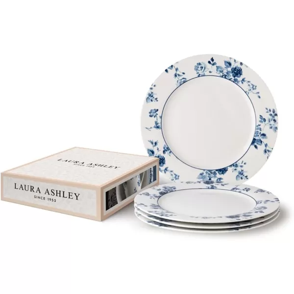 Laura Ashley 10" Candy Stripe Dinner Plate Set in Giftbox - 4 Porcelain Ceramic Plates - Microwave Safe Dishes - Blueprint Collectables, Blue/White