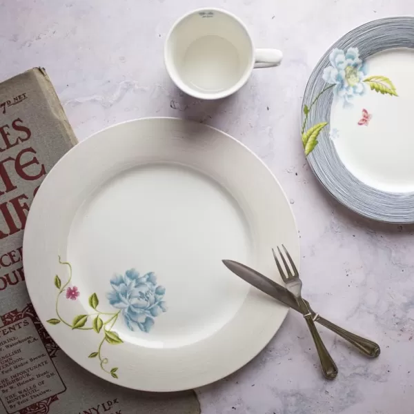 Laura Ashley 10" Candy Stripe Dinner Plate Set in Giftbox - 4 Porcelain Ceramic Plates - Microwave Safe Dishes - Blueprint Collectables, Blue/White