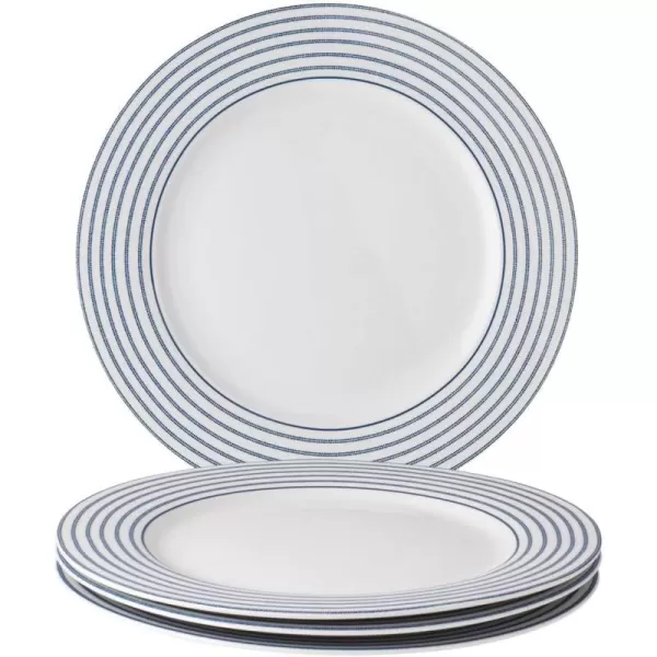 Laura Ashley 10" Candy Stripe Dinner Plate Set in Giftbox - 4 Porcelain Ceramic Plates - Microwave Safe Dishes - Blueprint Collectables, Blue/White