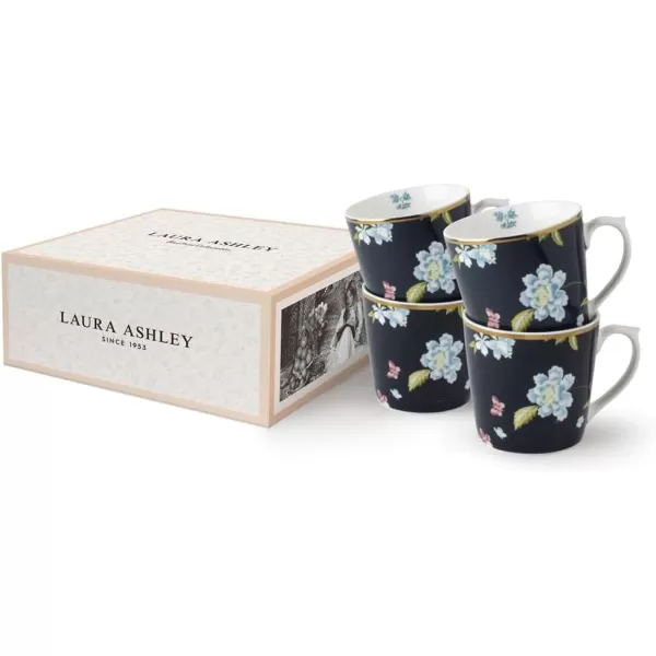 Laura Ashley 10 oz Midnight Uni Mug Set of 4 in Giftbox - Porcelain Coffee Cup Set - Dishwasher Safe Ceramic Mugs - Heritage Collectables