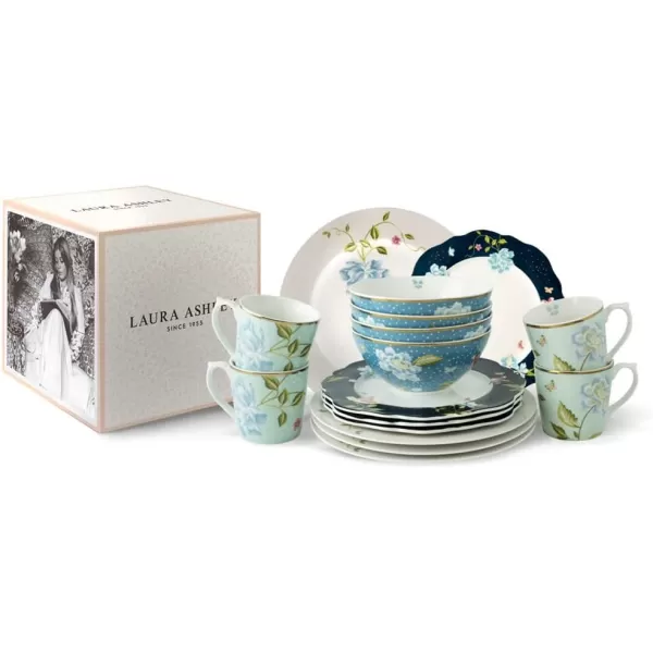 Laura Ashley Blueprint 16-PC Service for 4 Mixed Dinnerware Gift Set - Porcelain Mugs, Bowls, Dinner Plates Set w/ 9 Inch China Rose Accent Dishes