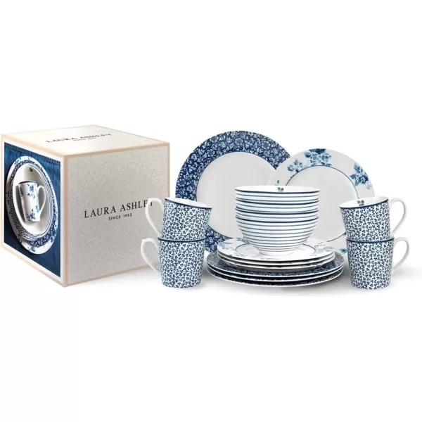 Laura Ashley Blueprint 16-PC Service for 4 Mixed Dinnerware Gift Set - Porcelain Mugs, Bowls, Dinner Plates Set w/ 9 Inch China Rose Accent Dishes