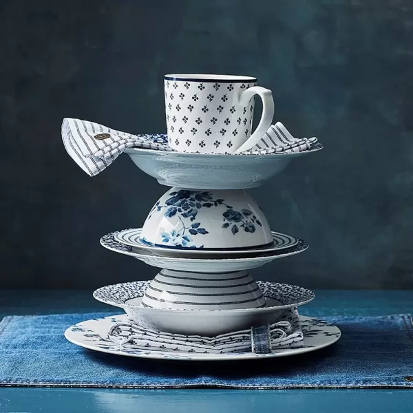 Laura Ashley Blueprint 16-PC Service for 4 Mixed Dinnerware Gift Set - Porcelain Mugs, Bowls, Dinner Plates Set w/ 9 Inch China Rose Accent Dishes