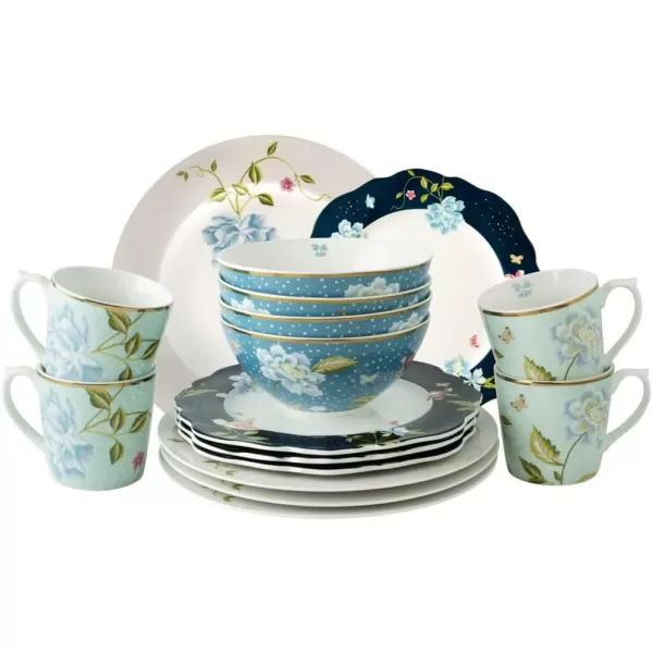 Laura Ashley Blueprint 16-PC Service for 4 Mixed Dinnerware Gift Set - Porcelain Mugs, Bowls, Dinner Plates Set w/ 9 Inch China Rose Accent Dishes