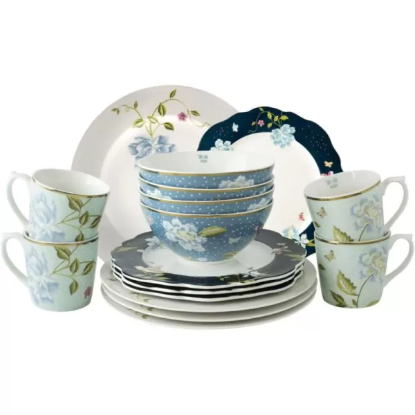 Laura Ashley Blueprint 16-PC Service for 4 Mixed Dinnerware Gift Set - Porcelain Mugs, Bowls, Dinner Plates Set w/ 9 Inch China Rose Accent Dishes