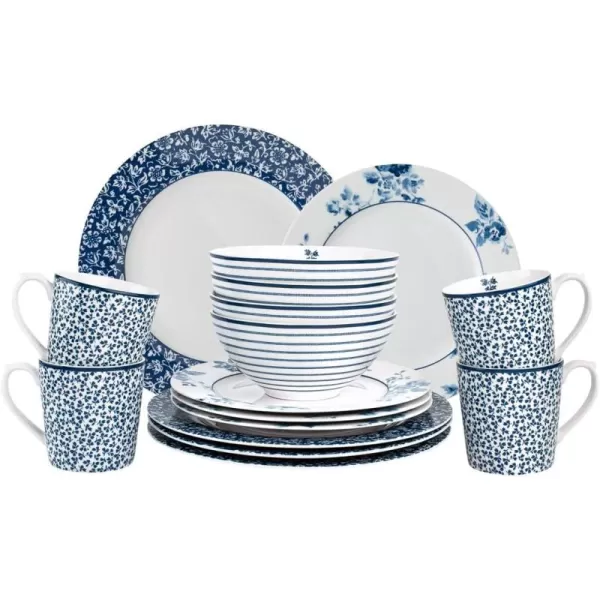 Laura Ashley Blueprint 16-PC Service for 4 Mixed Dinnerware Gift Set - Porcelain Mugs, Bowls, Dinner Plates Set w/ 9 Inch China Rose Accent Dishes