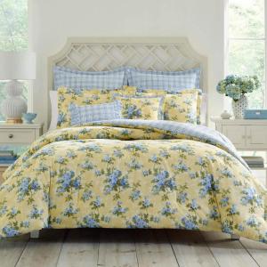 imageLaura Ashley  Queen Duvet Cover Set Reversible Cotton Bedding with Matching Shams Includes Bonus Euro Shams ampamp Throw Pillow Covers Cassidy Yellow QueenKing