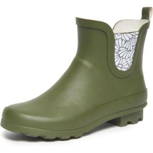 imageLaura Ashley Ladies Mid Cut Ankle Height Rubber Rain Boots Lightweight Waterproof Booties for WomenArmy Green Blossom