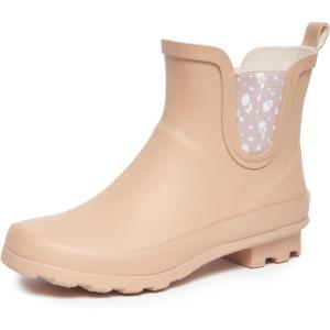 imageLaura Ashley Ladies Mid Cut Ankle Height Rubber Rain Boots Lightweight Waterproof Booties for WomenTan Petals