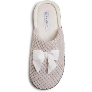 imageLaura Ashley Womens Rugged Memory Foam Terry Cloth Spa Slippers Soft Non Slip Rubber Bottom Closed Toe House SliderClay With Bow