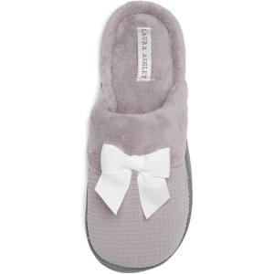 imageLaura Ashley Womens Rugged Memory Foam Terry Cloth Spa Slippers Soft Non Slip Rubber Bottom Closed Toe House SliderGrey Waffle With Bow
