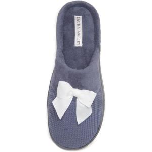 imageLaura Ashley Womens Rugged Memory Foam Terry Cloth Spa Slippers Soft Non Slip Rubber Bottom Closed Toe House SliderIndigo Waffle With Bow
