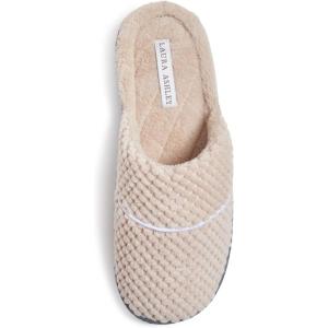 imageLaura Ashley Womens Rugged Memory Foam Terry Cloth Spa Slippers Soft Non Slip Rubber Bottom Closed Toe House SliderOat Milk