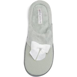 imageLaura Ashley Womens Rugged Memory Foam Terry Cloth Spa Slippers Soft Non Slip Rubber Bottom Closed Toe House SliderSage Waffle With Bow