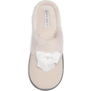 imageLaura Ashley Womens Rugged Memory Foam Terry Cloth Spa Slippers Soft Non Slip Rubber Bottom Closed Toe House SliderTan Waffle With Bow