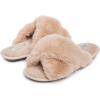 imageLaura Ashley Ladies Animal Leopard Plush Cross Band Slippers With Memory Foam InsoleTan