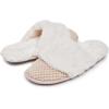 imageLaura Ashley Womens Plush Memory Foam Wide Collar Fleece Spa Scuff Slippers Fuzzy Warm Faux Fur Slip On House Shoes SlipperOat Milk