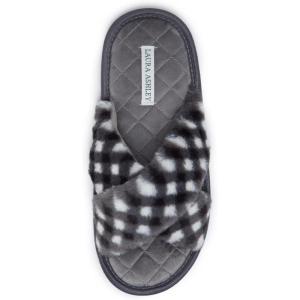 imageLaura Ashley Ladies Animal Leopard Plush Cross Band Slippers With Memory Foam InsoleBlack Plaid