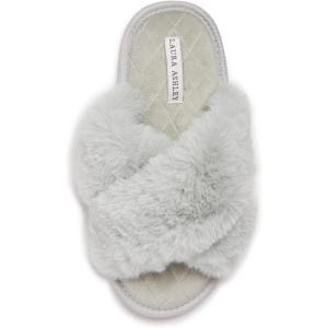 imageLaura Ashley Ladies Animal Leopard Plush Cross Band Slippers With Memory Foam InsoleFrost