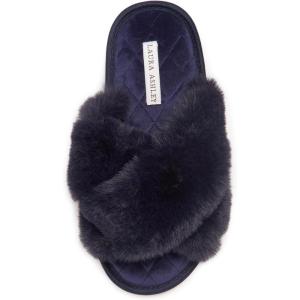 imageLaura Ashley Ladies Animal Leopard Plush Cross Band Slippers With Memory Foam InsoleMidnight