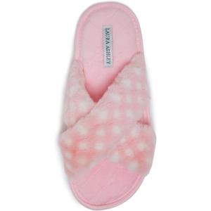 imageLaura Ashley Ladies Animal Leopard Plush Cross Band Slippers With Memory Foam InsolePink Plaid