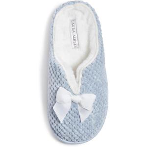 imageLaura Ashley Womens Memory Foam Slip On Terry Cloth Clog Slippers Ladies Fuzzy Rubber Bottom Fur Bedroom House ShoesResort Blue