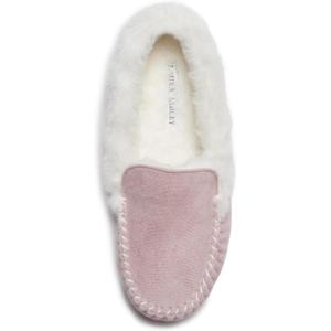 imageLaura Ashley Womens Micro Suede Memory Foam Moccasin Slippers Warm Fuzzy Rubber Bottom Indoor Outdoor Faux Fur House ShoesPink