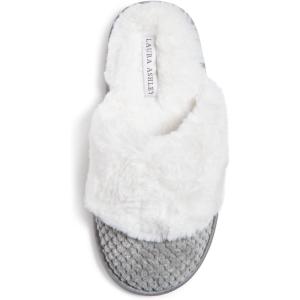 imageLaura Ashley Womens Plush Memory Foam Wide Collar Fleece Spa Scuff Slippers Fuzzy Warm Faux Fur Slip On House Shoes SlipperBasic Grey